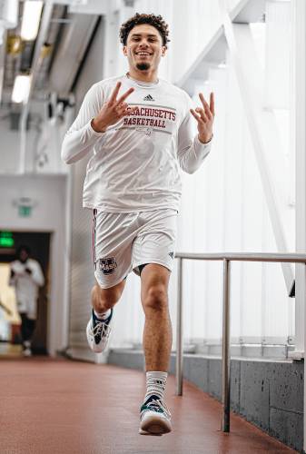 UMass sophomore guard Marqui Worthy jogs through the tunnel at Mullins Center before the Minutemen’s game with La Salle last Sunday. Worthy has emerged as a key two-way contributor for UMass this season.
