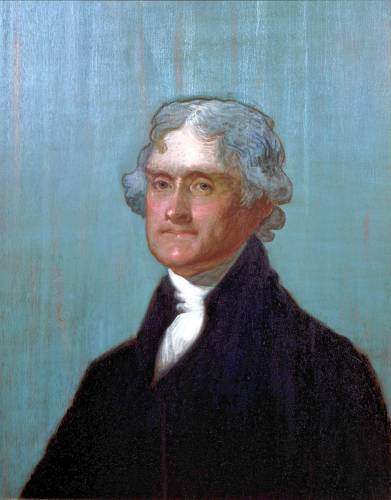A painting of Thomas Jefferson by Gilbert Stuart. As a young lawyer, Jefferson represented enslaved people suing for their freedom. Nevertheless, he was unwilling to sacrifice his comfort and that of his family by freeing the 600 enslaved people who worked on his property.