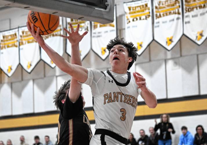 Pioneer’s Kurt Redeker goes up for a basket against Old Colony during the top-seeded Panthers’ victory in the MIAA Division 5 Round of 16 on Tuesday at Messer Gymnasium in Northfield. 