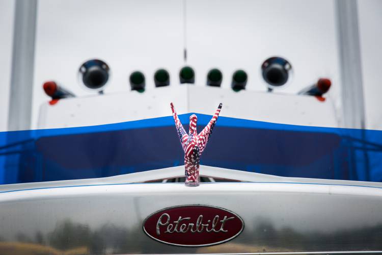 The hood ornament on a Peterbilt 359 truck at the antique truck show at Yankee Candle Corporate Headquarters in South Deerfield.