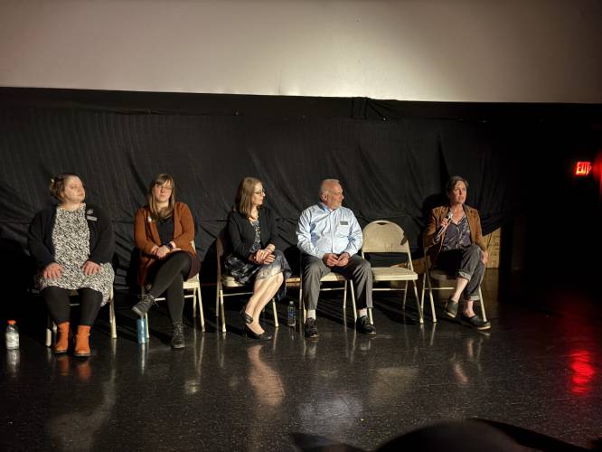 Panelists Abigail Baines, Misha Storm, Sanda Erdelez, Tim Cherubi and Chelsea Jordan-Makely speak about the roles of libraries in 2025 during an event at the Greenfield Garden Cinemas on Monday.