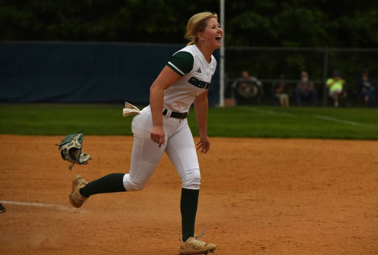 Greenfield pitcher MacKenzie Paulin celebrates after recording the final out of the game to lift the Green Wave to a 1-0 victory over Franklin Tech in the Western Mass. Class C championship game on Wednesday at Westfield State University. Paulin struck out 16 batters en route to a complete-game shutout. For complete coverage and more photos from the game, see Page B1. Greenfield pitcher MacKenzie Paulin celebrates after recording the final out of the game to lift the Green Wave to a 1-0 victory over Franklin Tech in the Western Mass. Class C championship game on Wednesday at Westfield State University. Paulin struck out 16 batters en route to a complete-game shutout. For complete coverage and more photos from the game, see Page B1.