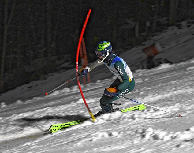 Mohawk Trail’s Weston den Ouden competes in the slalom during a PVIAC race earlier this season at Berkshire East. den Ouden won the giant slalom for the Warriors on Thursday.