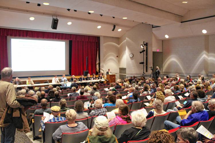 Deerfield’s Special Town Meeting packed the Frontier Regional School auditorium on Monday evening as 363 residents came out to vote.