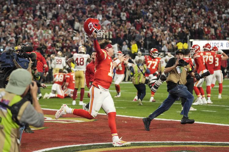 Kansas City Chiefs quarterback Patrick Mahomes celebrates after the NFL Super Bowl 58 football game against the San Francisco 49ers on Sunday, Feb. 11, 2024, in Las Vegas. The Chiefs won 25-22 against the 49ers. (AP Photo/Eric Gay)
