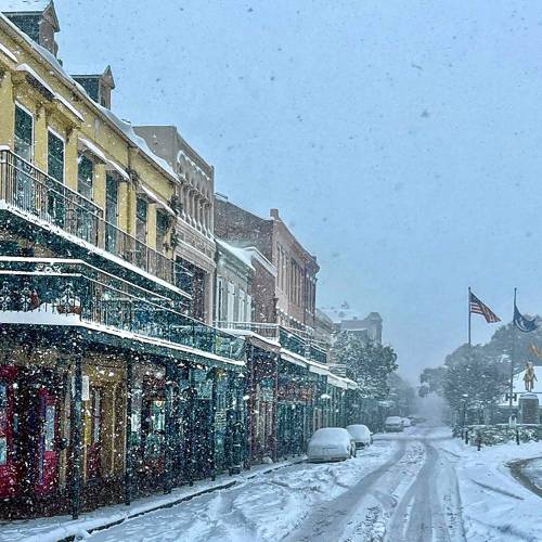 The French Quarter in New Orleans following a rare snowfall.