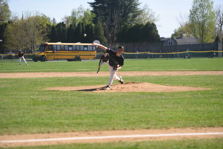 Pioneer's Jackson Glazier pitches against Frontier in South Deerfield Wednesday. 