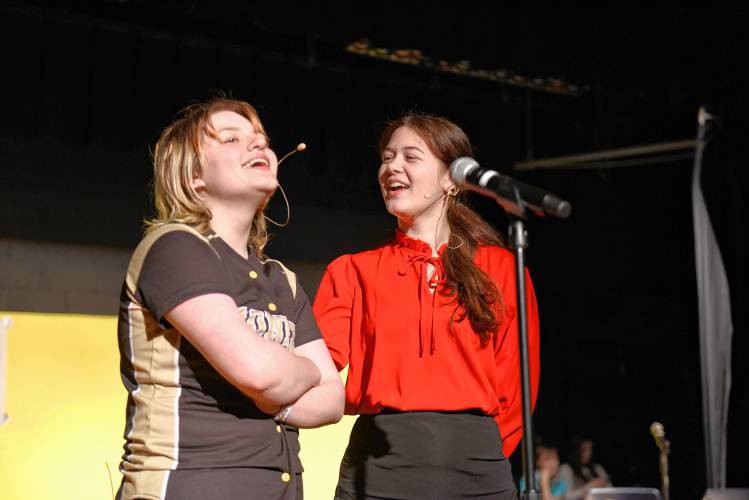 Pioneer Valley Regional School students Oliver Heydenreich and Roslyn Moore rehearse for their spring production, “The 25th Annual Putnam County Spelling Bee.”
