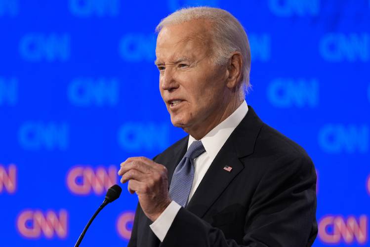 President Joe Biden speaks during a presidential debate hosted by CNN with Republican presidential candidate former President Donald Trump, Thursday, June 27, 2024, in Atlanta.
