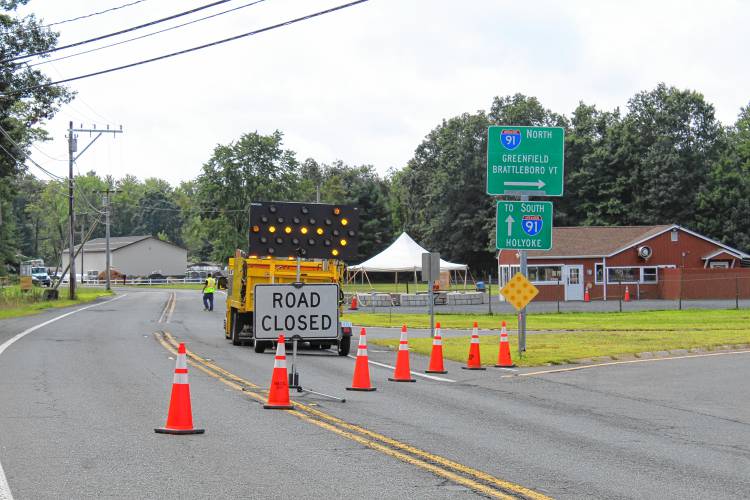 Routes 5 and 10 in the area of Tom’s Long Hot Dogs and L & L Fence Co. in Whately was closed Monday after a vehicle struck a utility pole.