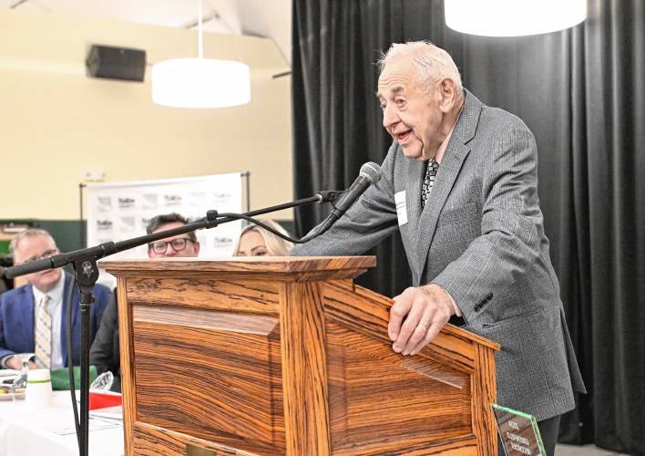 Greenfield Recorder Citizen of the Year Russell Deane of Bernardston speaks to those on hand on Friday morning at the Franklin County Chamber of Commerce breakfast at Deerfield Academy.