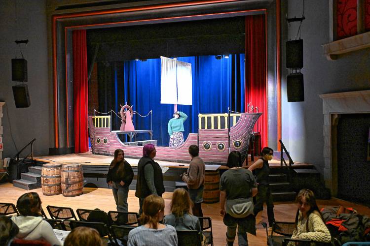 Students rehearse for Four Rivers Charter Public School’s production of “Treasure Island” at the Shea Theater Arts Center in Turners Falls. Performances will be held Friday, Feb. 28, and Saturday, March 1