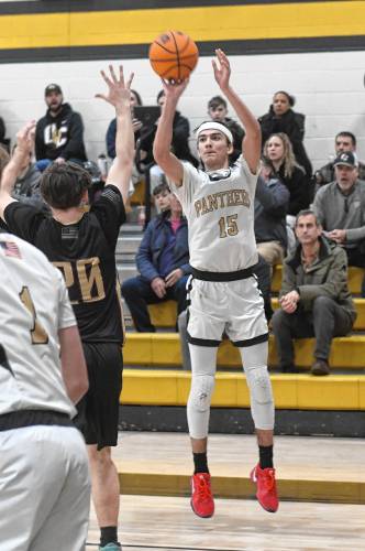Pioneer’s Alex McClelland drains a 3-pointer against Old Colony during the top-seeded Panthers’ victory in the MIAA Division 5 Round of 16 on Tuesday at Messer Gymnasium in Northfield. 