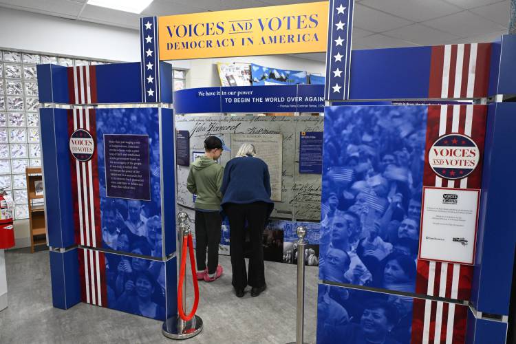 “The Smithsonian could not have chosen a better place to kick this off than right here in Franklin County,” State Representative Natalie Blais said. “Voices and Votes: Democracy in America” is on display at Mohawk Trail Regional School through the end of May.