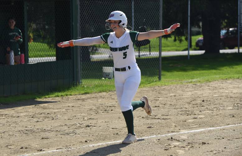 Greenfield’s MacKenzie Paulin celebrates a home run as she rounds third during the Green Wave’s 5-2 win over Agawam on Friday afternoon at Vets Field in Greenfield.
