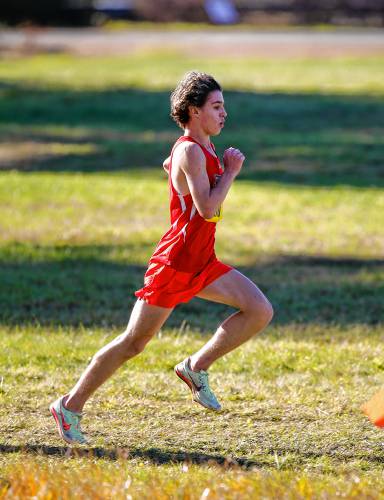 Frontier’s Evan Hedlund runs down the final stretch to a 5th place finish with a time of 16:47.53 in the 3B boys wave during the MIAA Division 3 state qualifier at Northfield Mountain last Saturday.