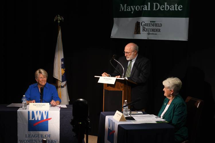 The Greenfield Mayoral Debate between Ginny Desorgher, left, and Roxann Wedegartner, moderated by Stewart “Buz” Eisenberg at Greenfield Community Television studios. The Greenfield Mayoral Debate between Ginny Desorgher, left, and Roxann Wedegartner, moderated by Stewart “Buz” Eisenberg at Greenfield Community Television studios.