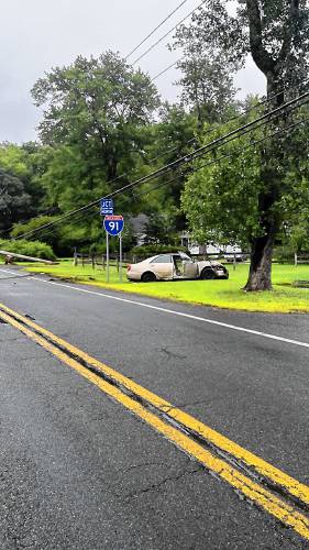 Routes 5 and 10 in the area of Tom’s Long Hot Dogs and L & L Fence Co. in Whately was closed Monday after a vehicle struck a utility pole.