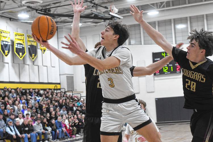 Pioneer’s Kurt Redeker goes up for two against Old Colony during the top-seeded Panthers’ victory in the MIAA Division 5 Round of 16 on Tuesday at Messer Gymnasium in Northfield. 