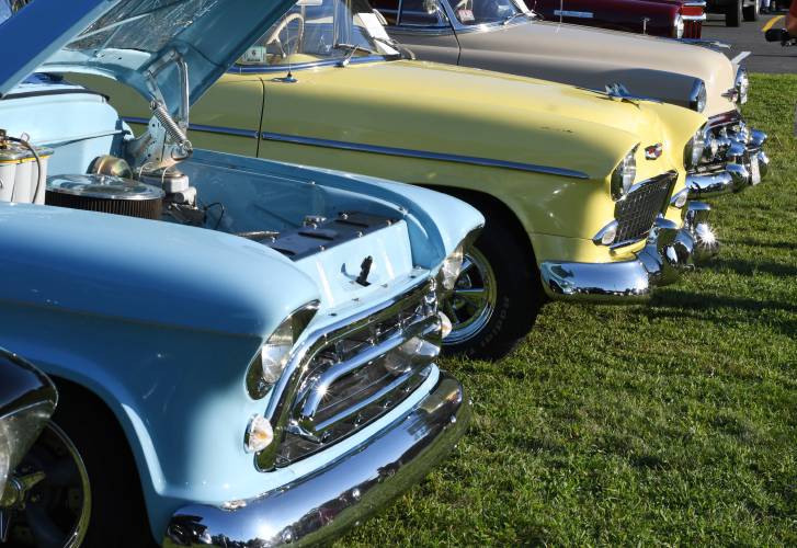 Classic cars lined up at the South County Senior Center’s Informational Fair & Cruise Night in Sunderland in 2023. This year’s event, set for Wednesday, Aug. 21, will be held at Herlihy Park in Whately.