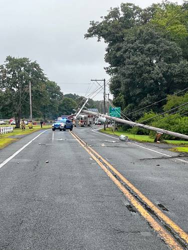 Routes 5 and 10 in the area of Tom’s Long Hot Dogs and L & L Fence Co. in Whately was closed Monday after a vehicle struck a utility pole.