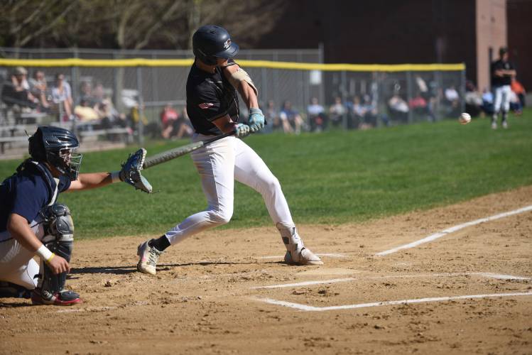 Pioneer's Ethan Mauthe before connecting on a double against Frontier in South Deerfield Wednesday. 