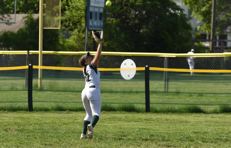 Greenfield’s Bianca Reynolds catches a fly ball in left field during the Green Wave’s 5-2 win over Agawam on Friday afternoon at Vets Field in Greenfield.