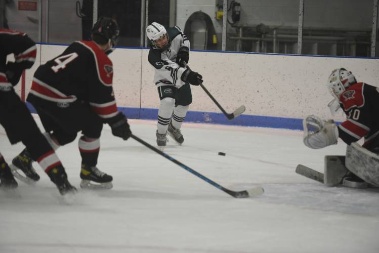 Greenfield's Brady Poreda puts a shot on goal against Westfield on Wednesday at Collins-Moylan Arena. 