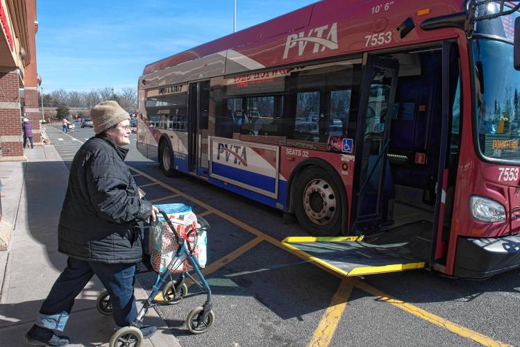Laura Oldham of Northampton rushes off the bus to get her shopping done the Big Y store in Northampton. Oldham counts on public transportation to do her shopping. She doesn’t like to be away from home for long so has to fit trips to Walmart and Big Y into one hour, otherwise she has to wait over two hours to get a bus home. “It’s nice when they have more service,” said Oldham. “Sometimes I just cant fit the Big Y stop in.”