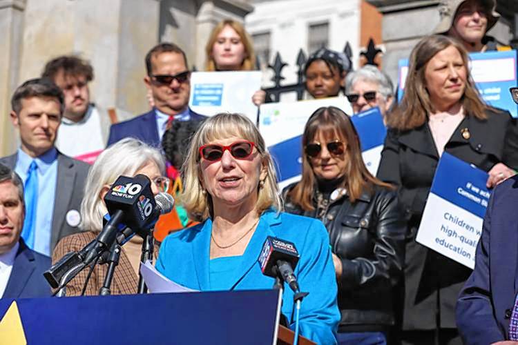 Senate President Karen Spilka speaks at a rally before the Senate takes up an early childhood education investment bill last Thursday.