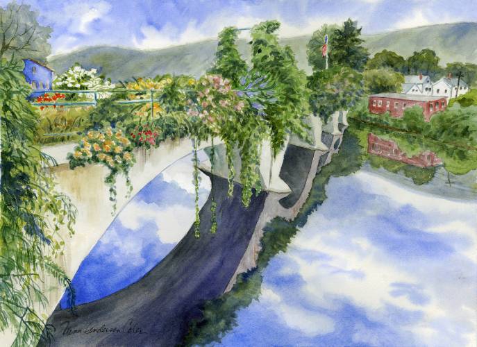 Ashfield painter Nina Anderson Coler’s watercolor piece, “Looking at Clouds,” which was displayed at the inaugural Bridge of Flowers Art Show & Sale in 2023. Anderson Coler is a returning artist at this year’s event.