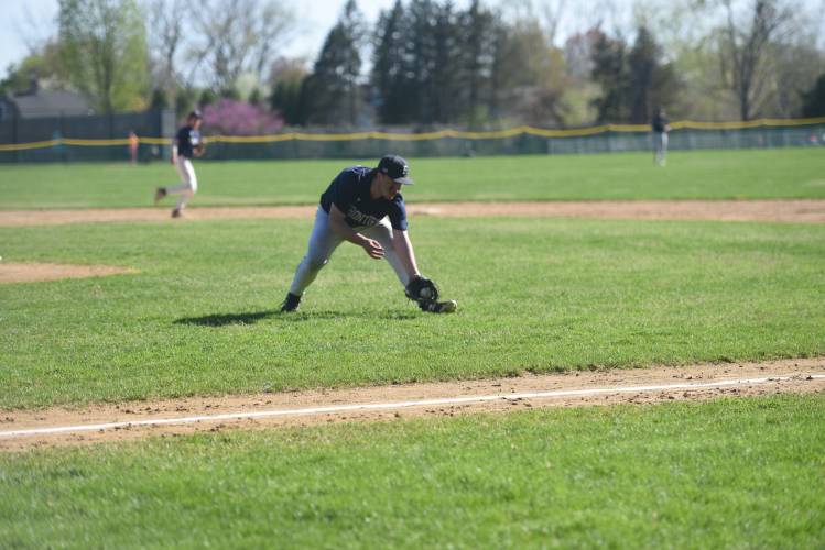 Frontier’s Joey Hutkoski fields a ground ball against Pioneer on Wednesday in South Deerfield.