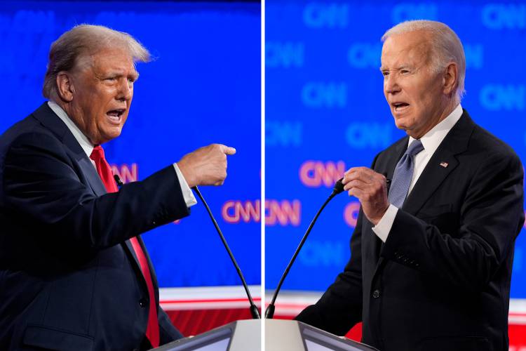 This combination of photos shows Republican presidential candidate former President Donald Trump, left, and President Joe Biden during a presidential debate hosted by CNN on Thursday in Atlanta. This combination of photos shows Republican presidential candidate former President Donald Trump, left, and President Joe Biden during a presidential debate hosted by CNN on Thursday in Atlanta.