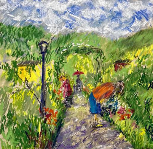 Carroll Durand’s “The Bridge of Flowers,” pastel on paper, was displayed at the inaugural Bridge of Flowers Art Show and Sale in 2023.