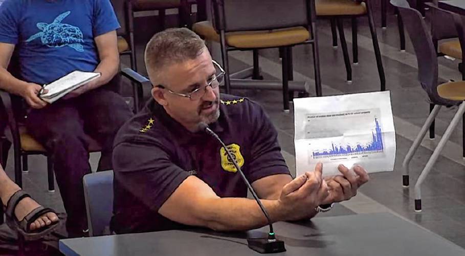 Police Chief Todd Dodge displays a chart depicting a rise in child fatalities from shootings over the years at a Greenfield School Committee meeting on Wednesday. Police Chief Todd Dodge displays a chart depicting a rise in child fatalities from shootings over the years at a Greenfield School Committee meeting on Wednesday.