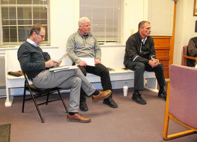 From left, Marc Goldstein, the attorney representing New Salem Museum and Academy of Fine Art, Project Manager Chris Lowman and museum owner Vincent Barletta listen to New Salem Planning Board members speak at a public hearing on Wednesday.