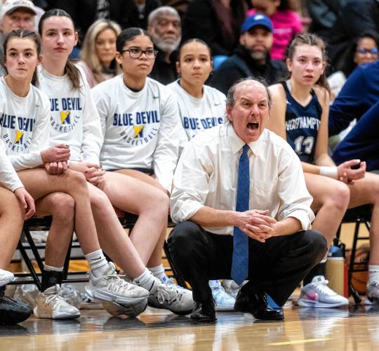 Northampton head coach Perry Messer yells a play during the PVIAC Class A tournament championship against Springfield Central at Westfield High School on Feb. 22 in Westfield.