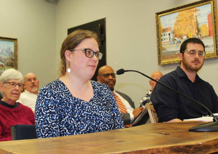 Walker Powell, left, Orange’s former community development director, interviewed for her old job in front of the Selectboard on Wednesday. The Selectboard voted unanimously to offer the job to Tracy Murphy, the Montachustt Regional Planning Commission’s senior planner. Town Administrator Matthew Fortier sits next to Powell.