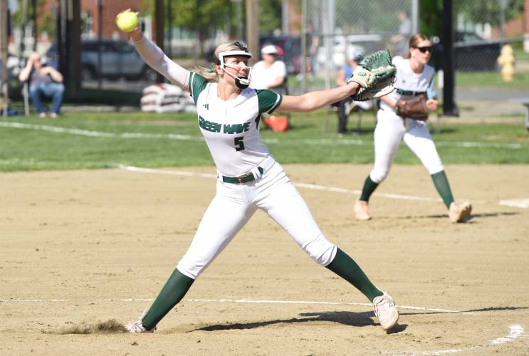 Greenfield’s MacKenzie Paulin throws a pitch during the Green Wave’s 5-2 win over Agawam on Friday afternoon at Vets Field in Greenfield.
