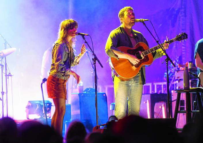 Anais Mitchell of Bonny Light Horsemen joins Robin Pecknold of Fleet Foxes on stage Saturday night at the Green River Festival at the Franklin County Fairgrounds.