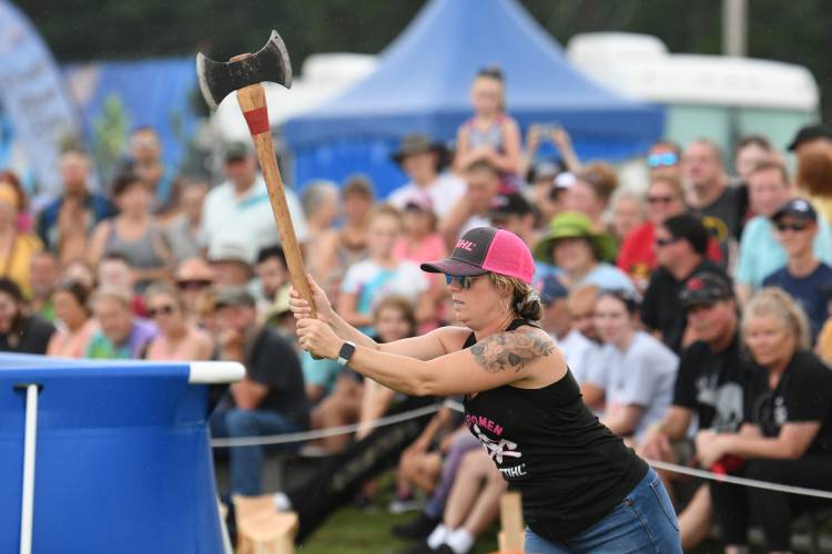 The Axe Women Loggers of Maine show at the 2023  Franklin County Fair.