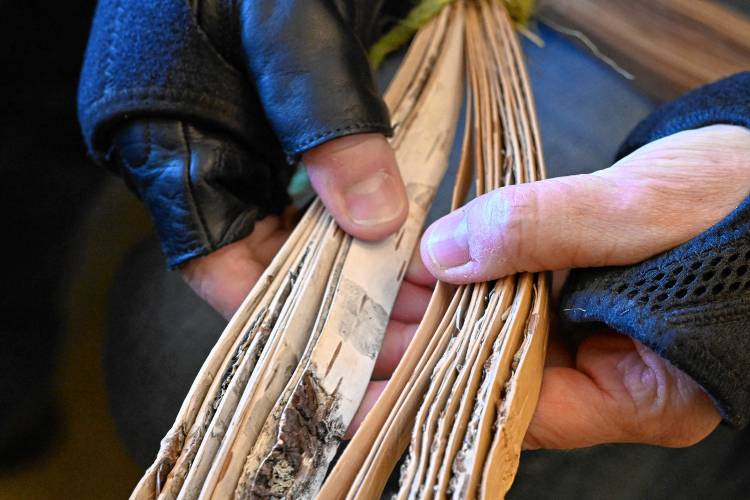 Elaine Moe of Millers Falls says Franklin County is too far south in the Northern Hemisphere to produce weavable birch bark. She used to purchase bark from Minnesota, Vermont, New Hampshire and upstate New York, but it now comes directly from Finland.