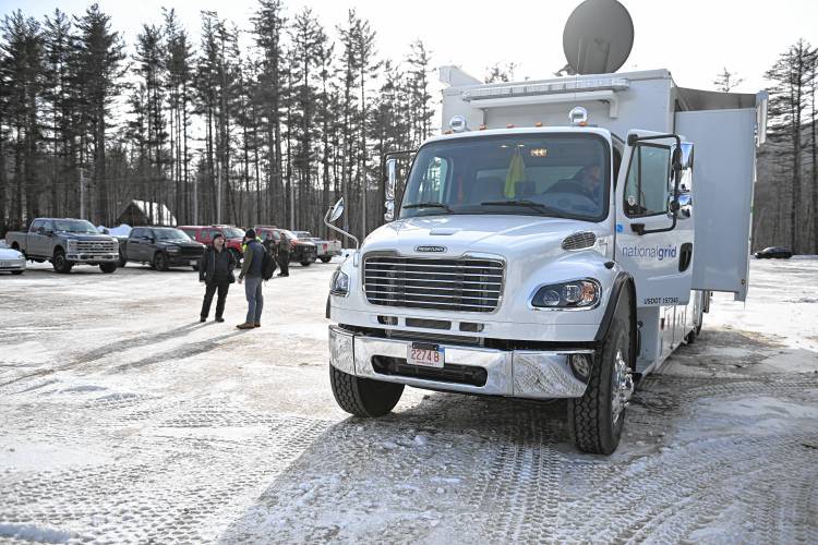 The National Grid Mobile Command Center parked in the Berkshire East Mountain Resort parking lot in Charlemont on Tuesday. 