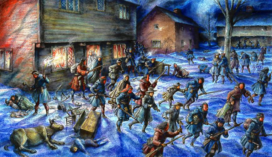 Artist illustrations of the 1704 attack on Deerfield, as displayed on PVMA's 