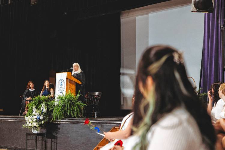 Head of School Laurie Lambert speaks during the 155th commencement exercises at Stoneleigh-Burnham School in Greenfield on Friday.
