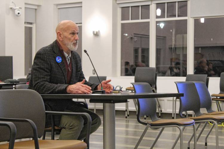 Franklin County’s YMCA CEO Grady Vigneau speaks to the Greenfield Historical Commission on Thursday evening at the John Zon Community Center.