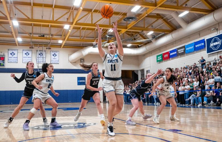 Smith's Virginia Johnson (11) looks to rebound the ball during the NCAA Division 3 Women's Basketball tournament Round of 32 game against Amherst at Ainsworth Gym, Saturday, March 8, 2025, in Northampton.