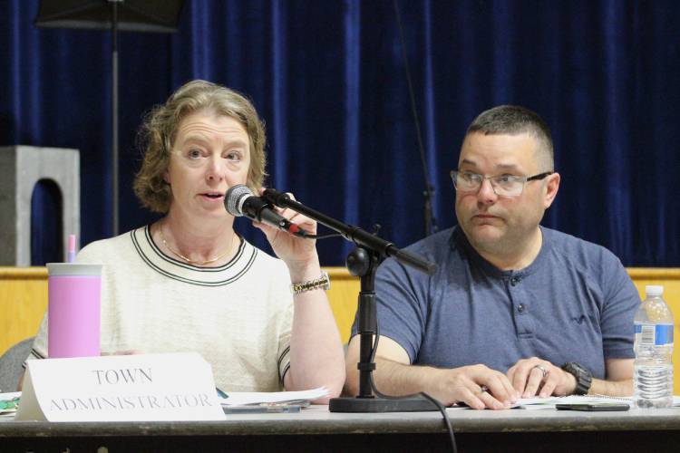 Former Town Administrator Heather Butler and Selectboard Chair Clint Phillips during Buckland’s Annual Town Meeting on Saturday.