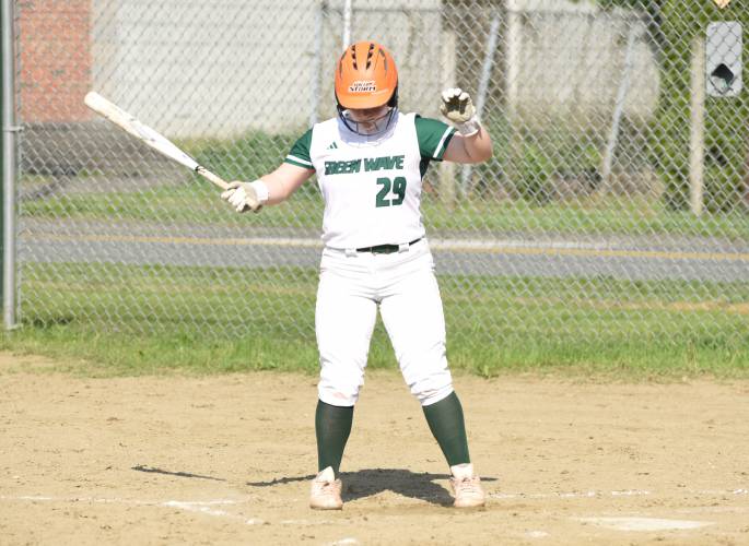 Greenfield’s Olivia Lemay digs in the batters box during the Green Wave’s 5-2 win over Agawam on Friday afternoon at Vets Field in Greenfield.