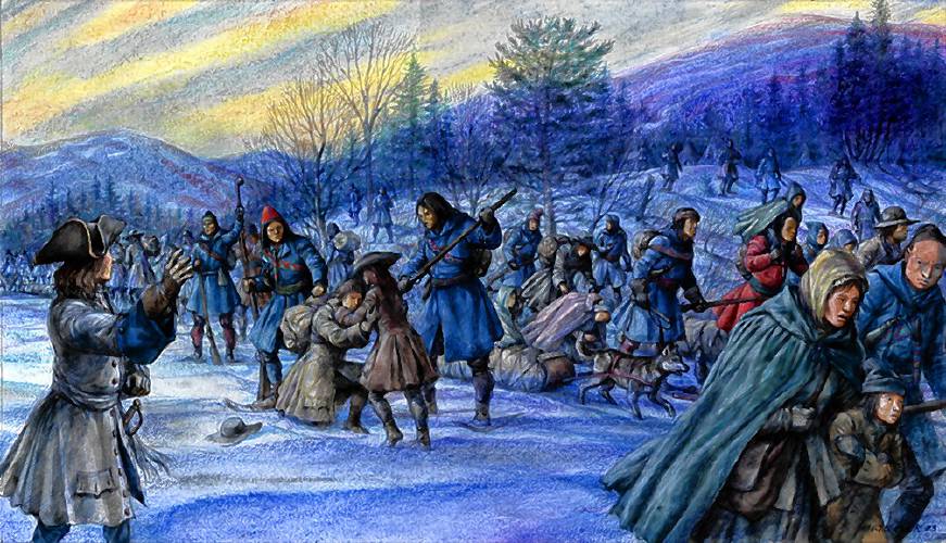 Artist illustrations of the 1704 attack on Deerfield, as displayed on PVMA's 
